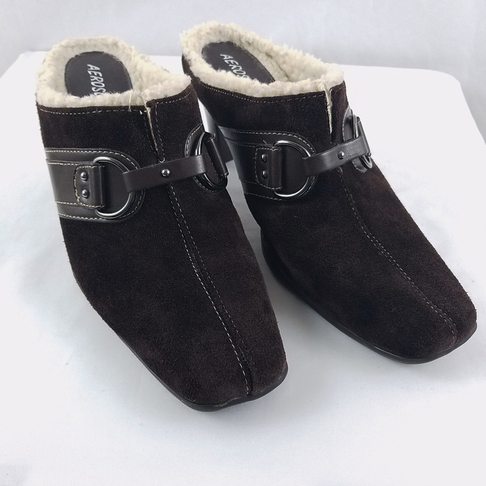 Aerosoles Womens Size 9 1/2 M Suede Faux Fur Mules